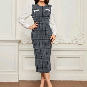 SHEIN Plaid Pattern Sleeve Tweed Dress